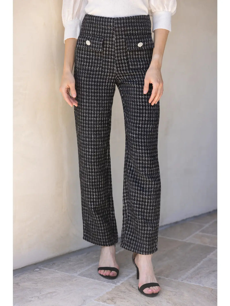 Accent Button Front Pocket Tweed Pants