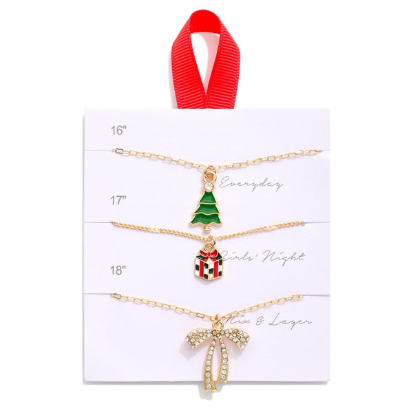 Set Of Three Chain Link Christmas Pendant Necklaces