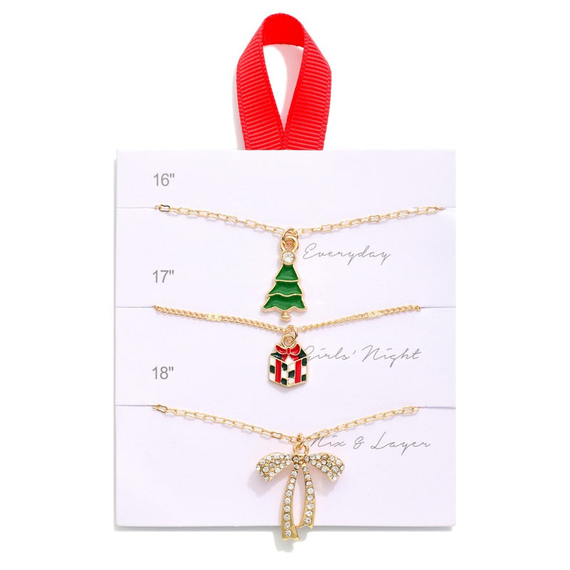 Set Of Three Chain Link Christmas Pendant Necklaces