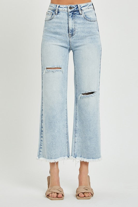 Risen High Rise Frayed Ankle Wide Jeans