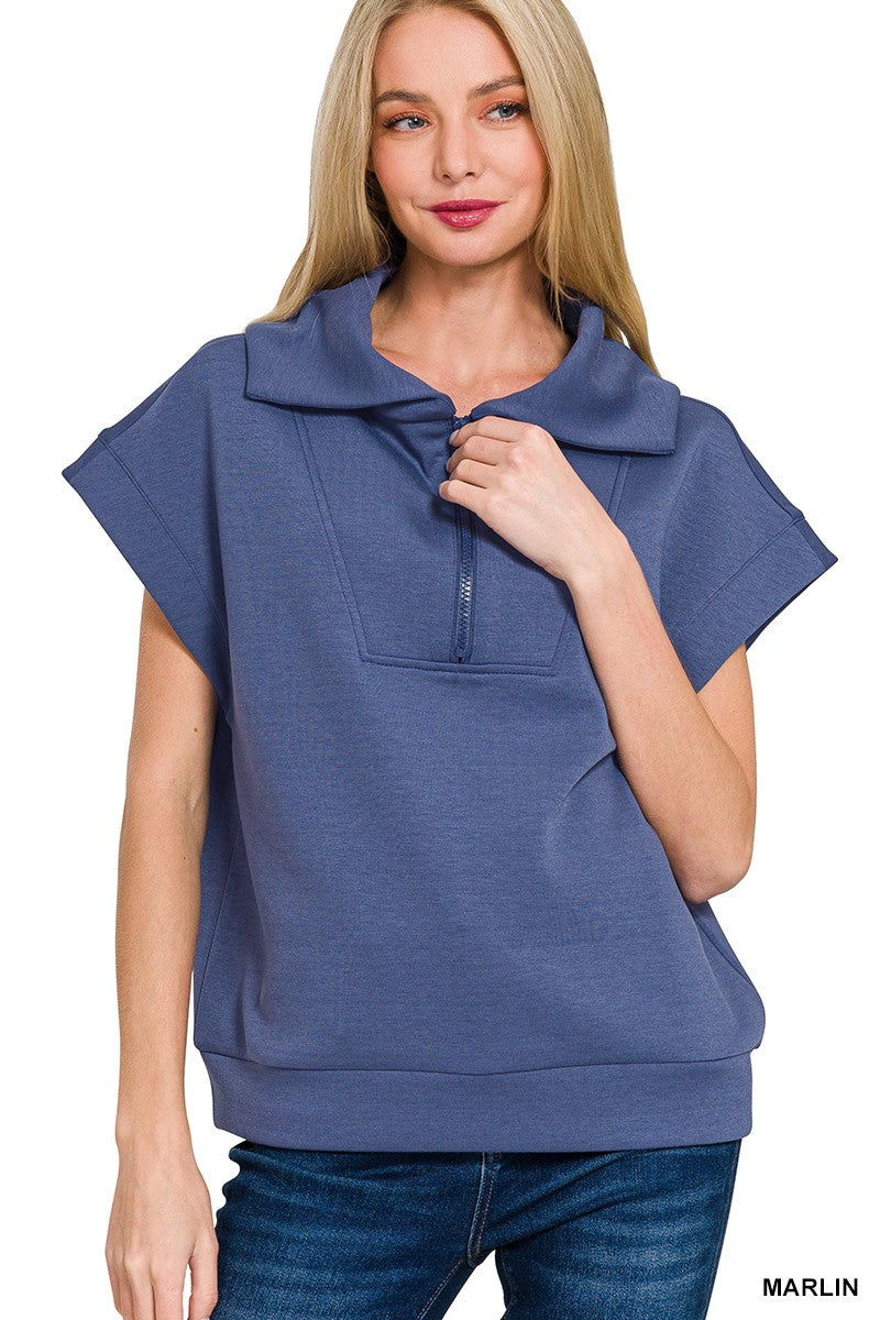 Zenana Scuba Half Zip Short Sleeve Pullover