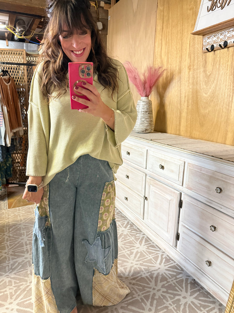 Easel Preorder WASHED DENIM PATCHWORK PALAZZO PANTS