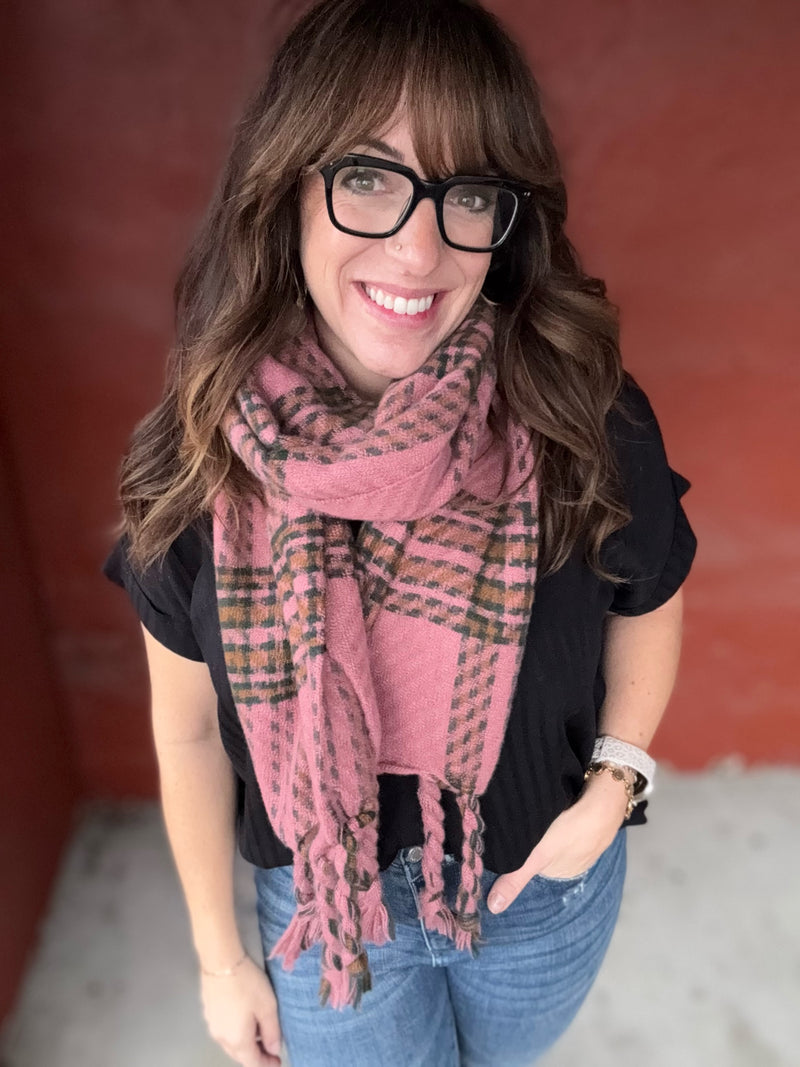 Braided Fringe Plaid Scarf