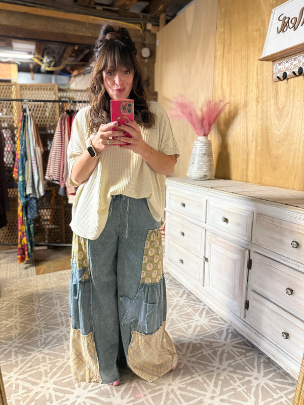 Easel Preorder WASHED DENIM PATCHWORK PALAZZO PANTS