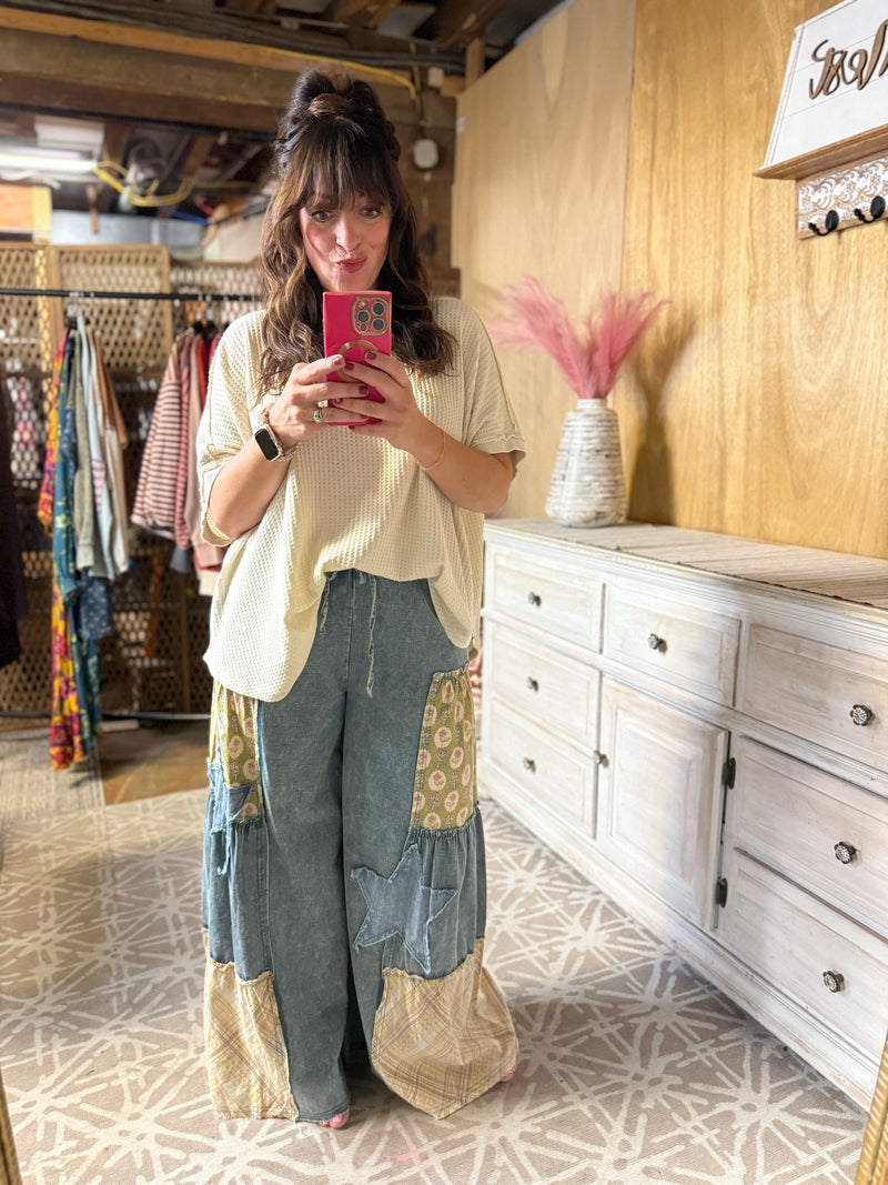 Easel Preorder WASHED DENIM PATCHWORK PALAZZO PANTS