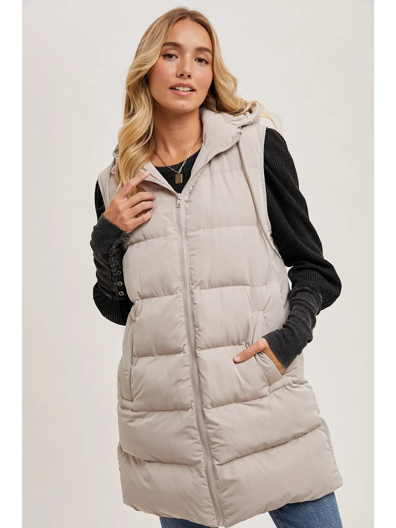 Hooded Zipper Down Longline Puffer Vest