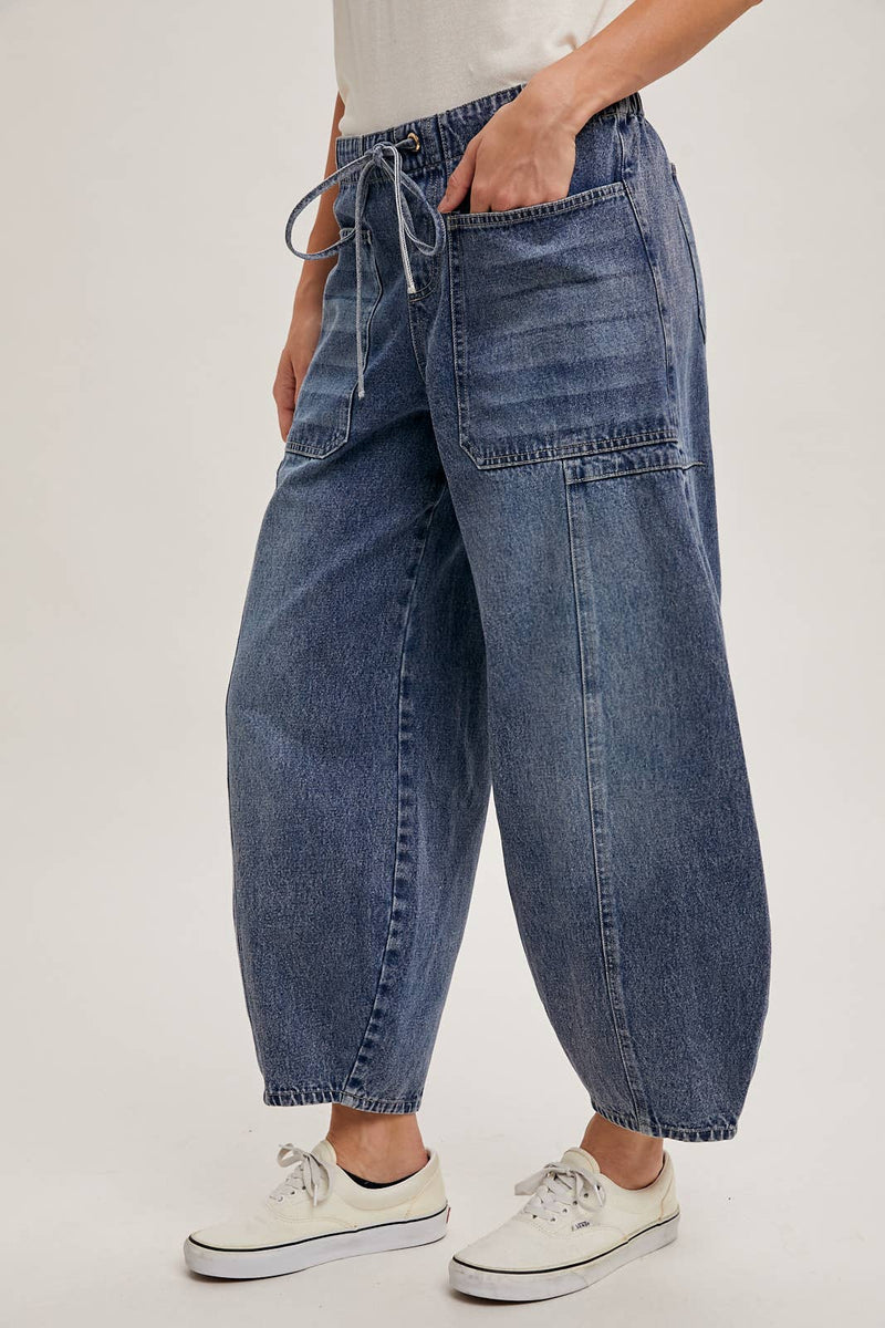 Bluivy Mid Rise Drawstring Barrel Jeans