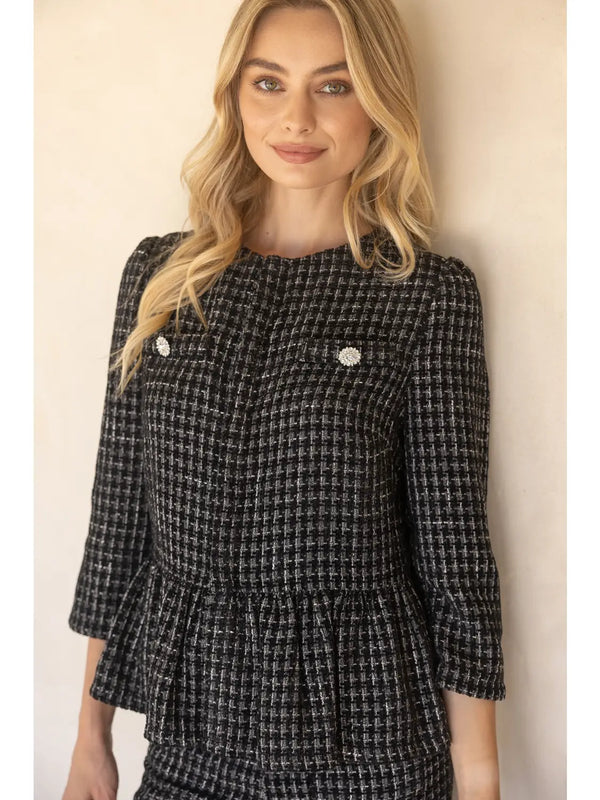 Accent Button Half Sleeve Tweed Peplum Jacket