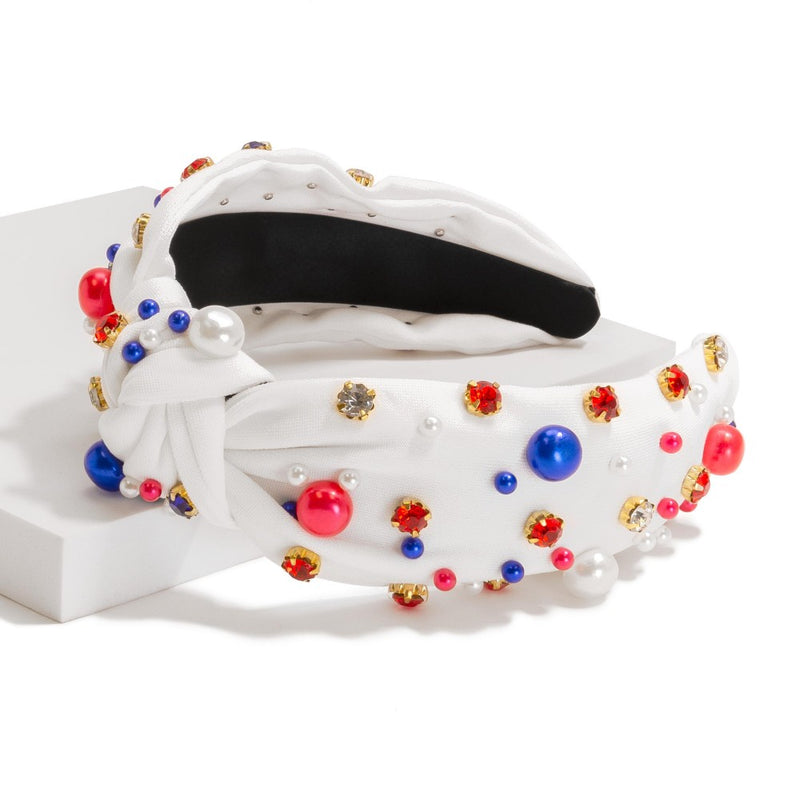 Americana Rhinestones & Pearls Knotted Headband