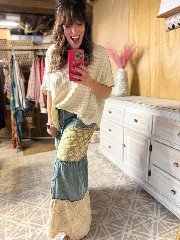 Easel Preorder WASHED DENIM PATCHWORK PALAZZO PANTS