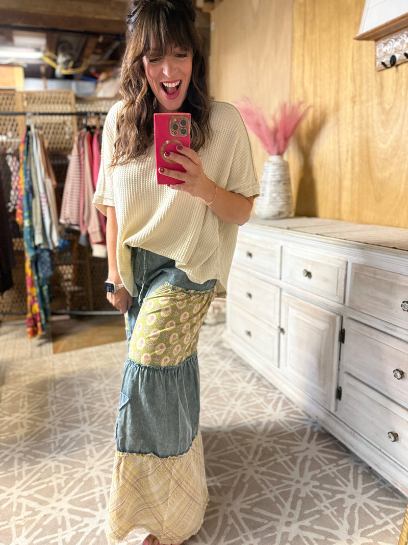 Easel Preorder WASHED DENIM PATCHWORK PALAZZO PANTS