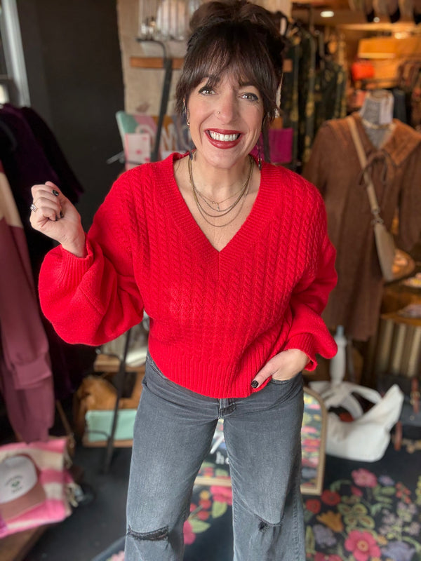 Cable Car Love V Neck Knit Sweater