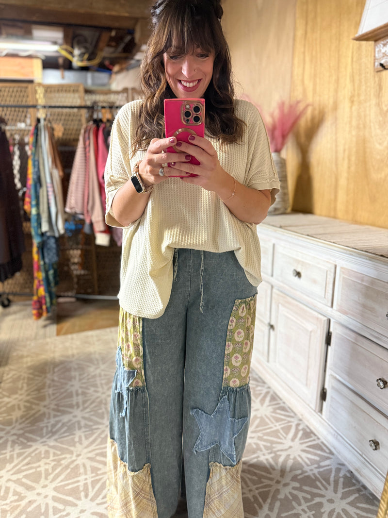 Easel Preorder WASHED DENIM PATCHWORK PALAZZO PANTS