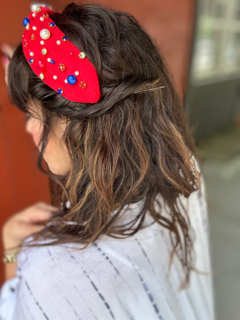 Americana Rhinestones & Pearls Knotted Headband