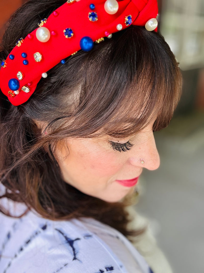 Americana Rhinestones & Pearls Knotted Headband