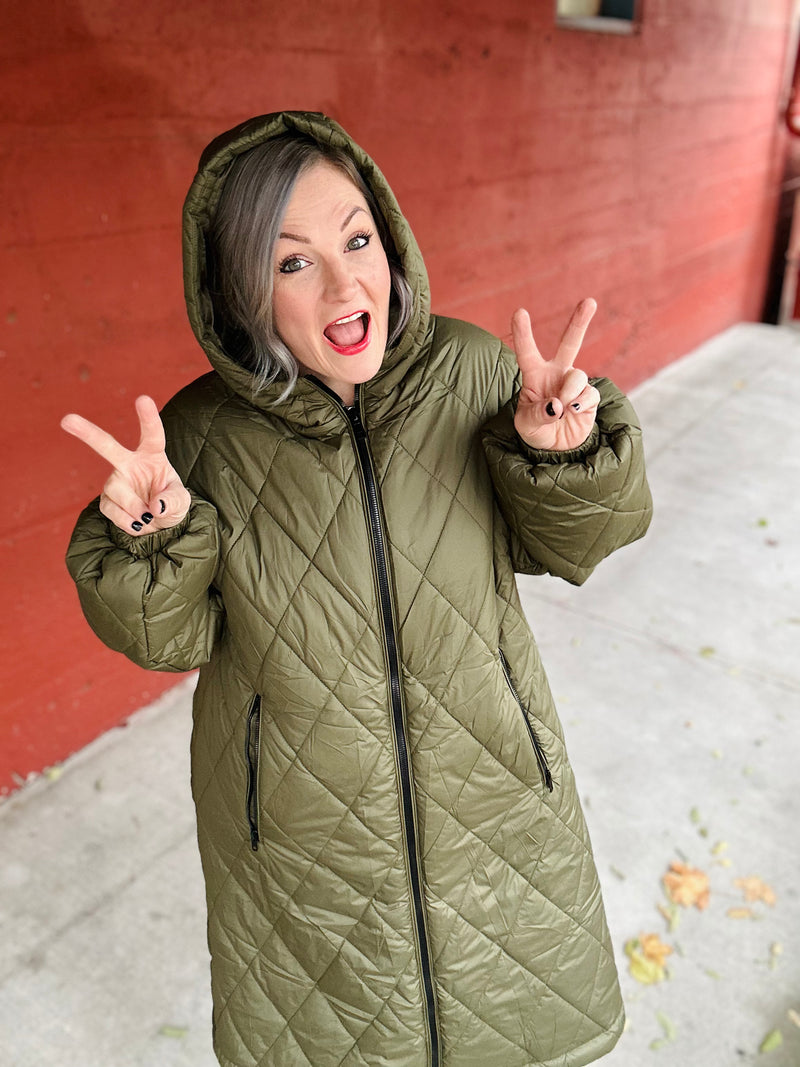 "Back At It Again" Long Quilted Jacket *Army Green*