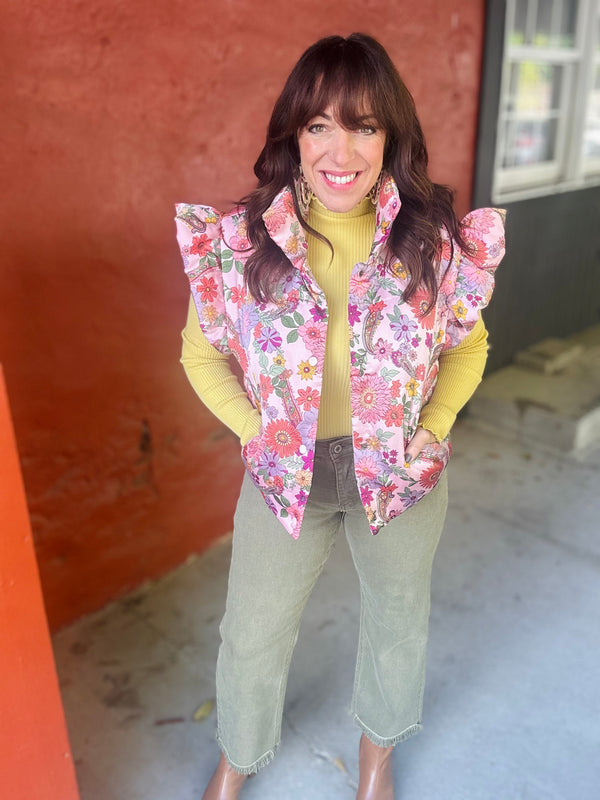 "Floral Oasis" Sleeve Floral Puff Vest