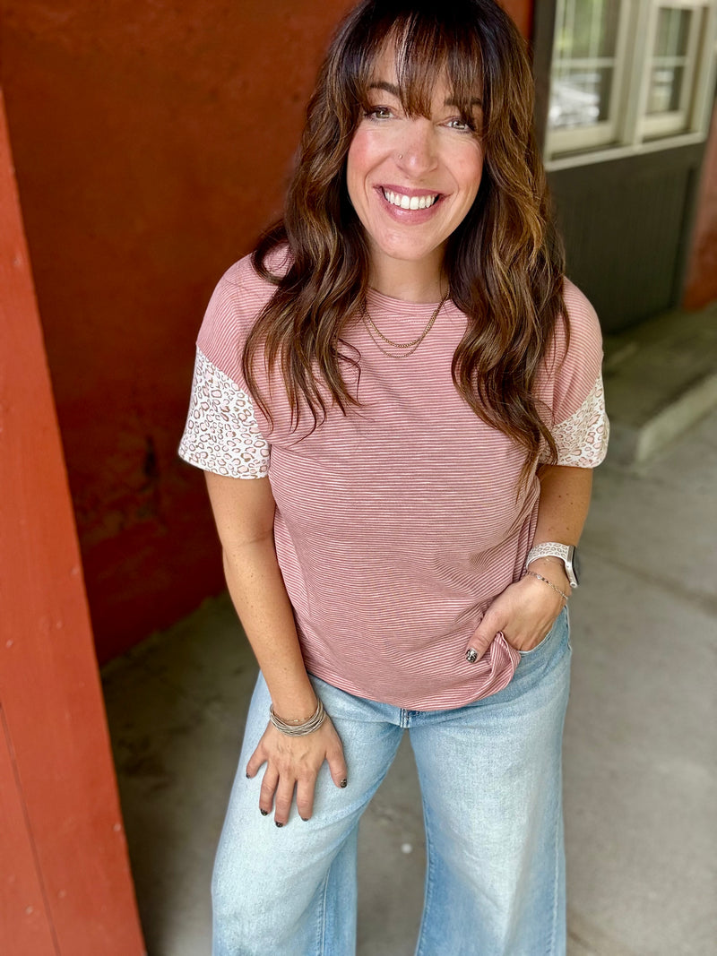 "The Charlotte" Stripe Leopard Boxy Tee
