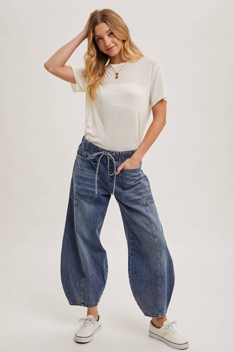 Bluivy Mid Rise Drawstring Barrel Jeans