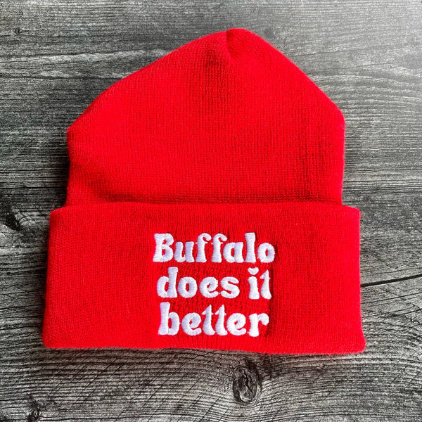 Buffalo does it better red knit beanie hat