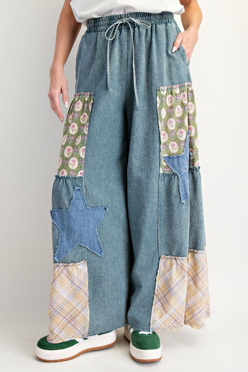 Easel Preorder WASHED DENIM PATCHWORK PALAZZO PANTS