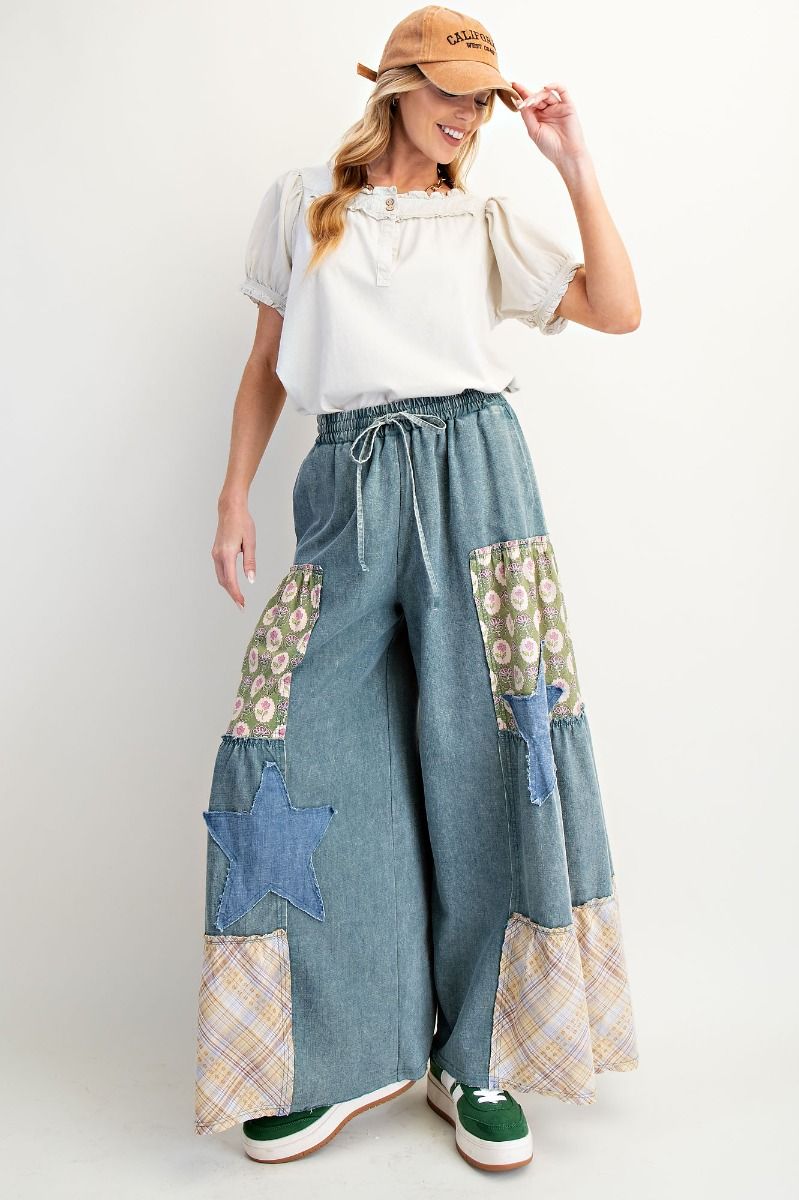 Easel Preorder WASHED DENIM PATCHWORK PALAZZO PANTS