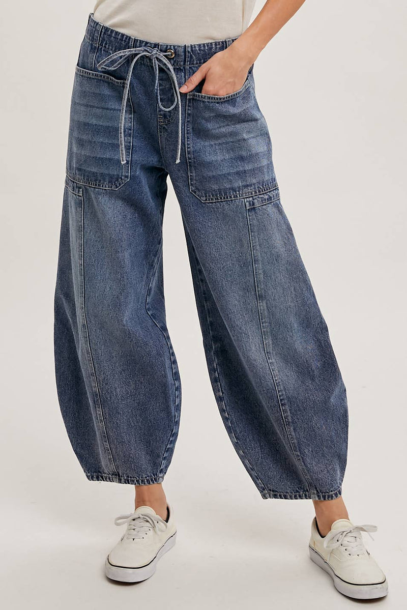 Bluivy Mid Rise Drawstring Barrel Jeans