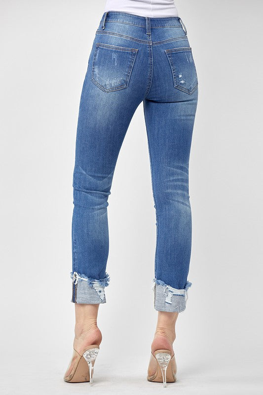 Risen Mid Rise Frayed Cuff Straight Leg