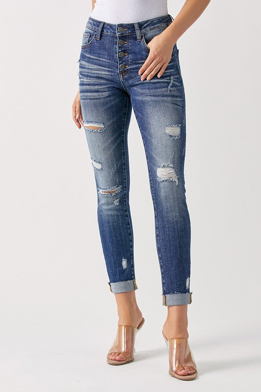 Risen Mid Rise Button Fly Skinny