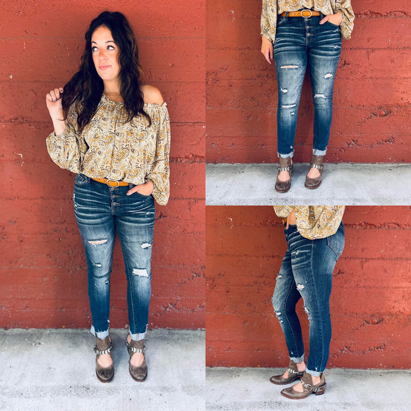 Risen Mid Rise Button Fly Skinny